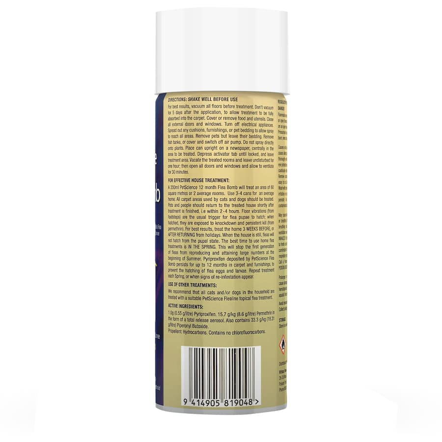 Pet Science Flea Bomb for 12-month flea control, effectively eliminates fleas and eggs for a flea-free home.