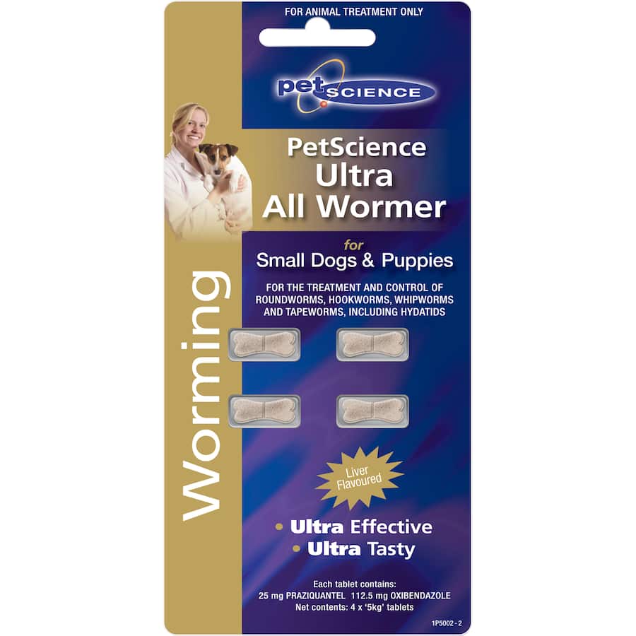 Palatable liver-flavored worming tablets for small dogs, effectively controlling various intestinal parasites every three months.