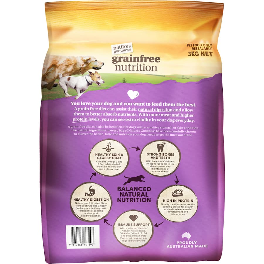 Grain-free dog food featuring wild game and sweet potato for balanced nutrition and optimal digestion.
