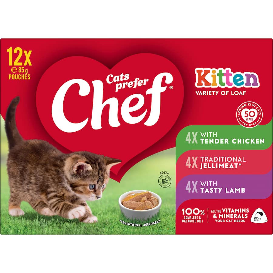 Gourmet wet cat food mixed selection for kittens, featuring tender chicken, jellimeat, and tasty lamb flavors.