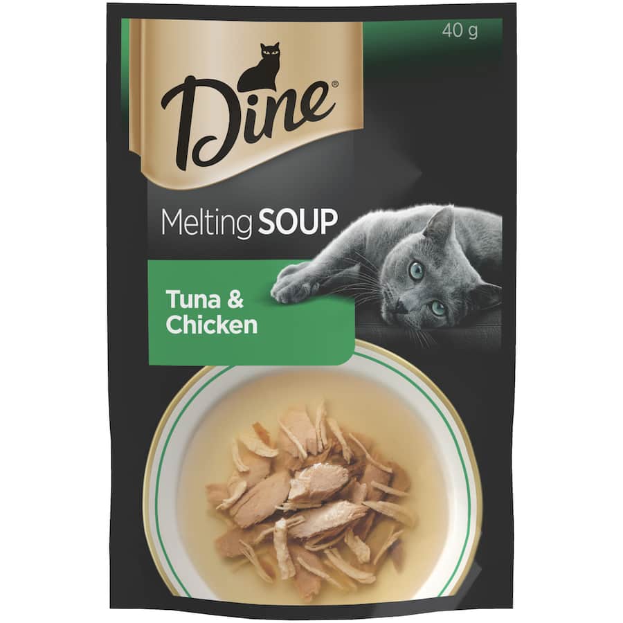 Gourmet Dine Wet Cat Food Melting Soup with tuna and chicken in a 40g pouch, perfect for picky eaters and sensitive stomachs.