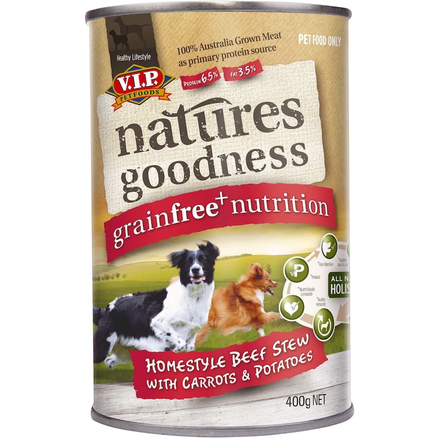 Wet dog food featuring beef, carrots, and potatoes for a nutritious, tasty meal without grains or preservatives.