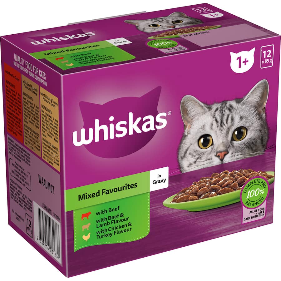 Whiskas Wet Cat Food Mixed Selections in Gravy, 12 x 85g pouches, featuring beef, lamb, chicken, and turkey flavors for healthy cats.