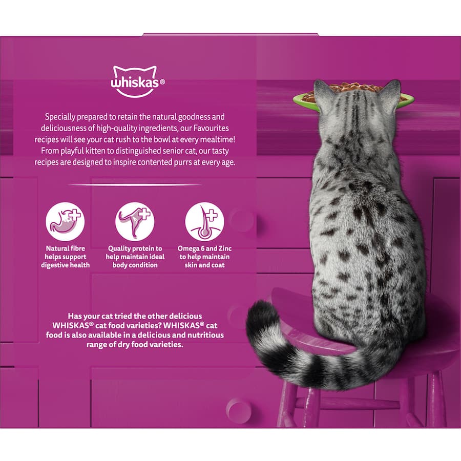 Whiskas Wet Cat Food Mixed Selections: 12 pouches of savory meat in gravy for balanced nutrition and irresistible flavors.