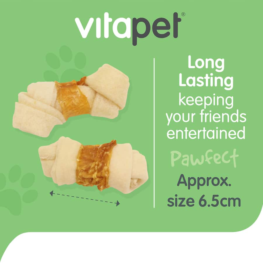 Vitapet Chewz Chicken Rawhide Mini Bones - tasty, high-protein dog treats promoting dental health and satisfying chewing instincts.