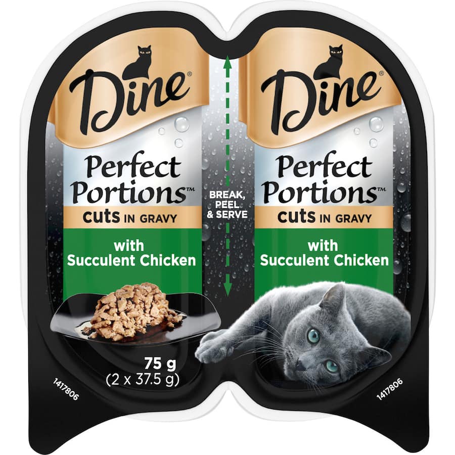 Premium wet cat food with succulent chicken cuts in gravy, designed for fresh, single servings without waste.