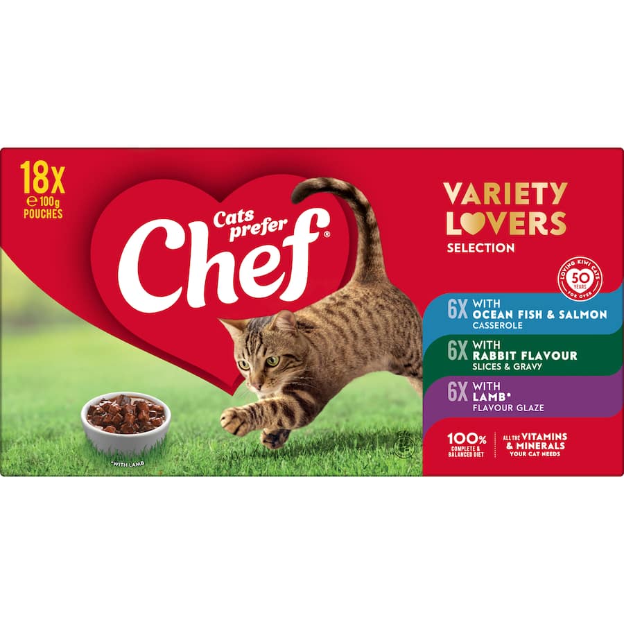 Gourmet 18-pouch wet cat food variety pack with Ocean Fish, Rabbit, and Lamb flavors, balanced nutrition for picky eaters.