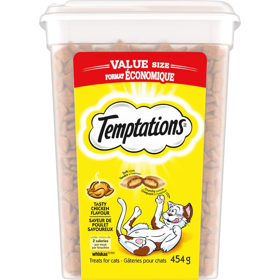 Resealable tub of Temptations Tasty Chicken cat treats, featuring crunchy bites with soft centers, perfect for rewarding your cat.