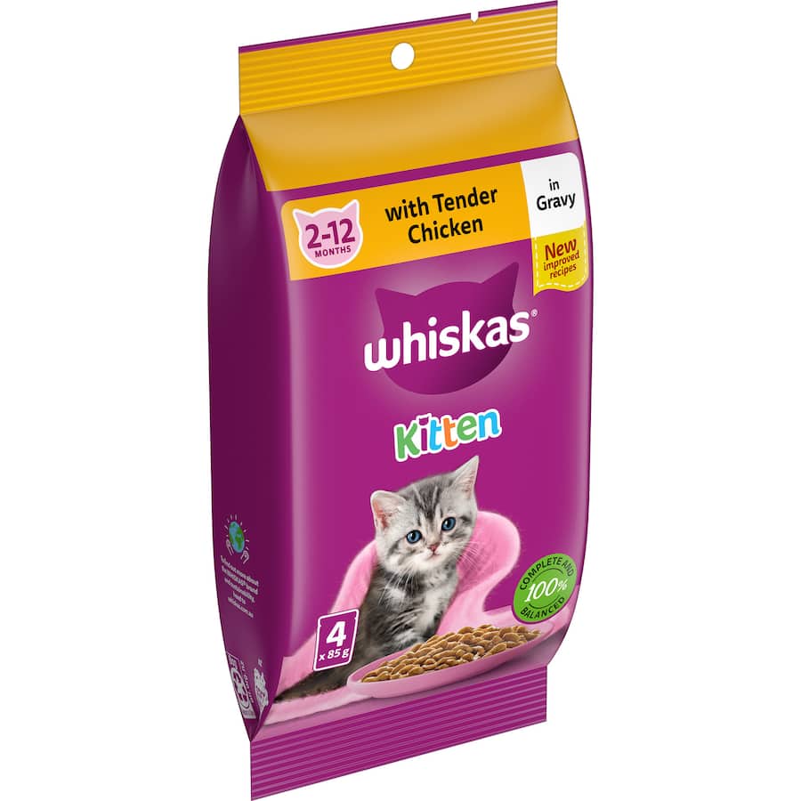 Whiskas Kitten Wet Cat Food with chicken in gravy, designed for young kittens' growth and nutrition, featuring tender, easy-to-eat pieces.