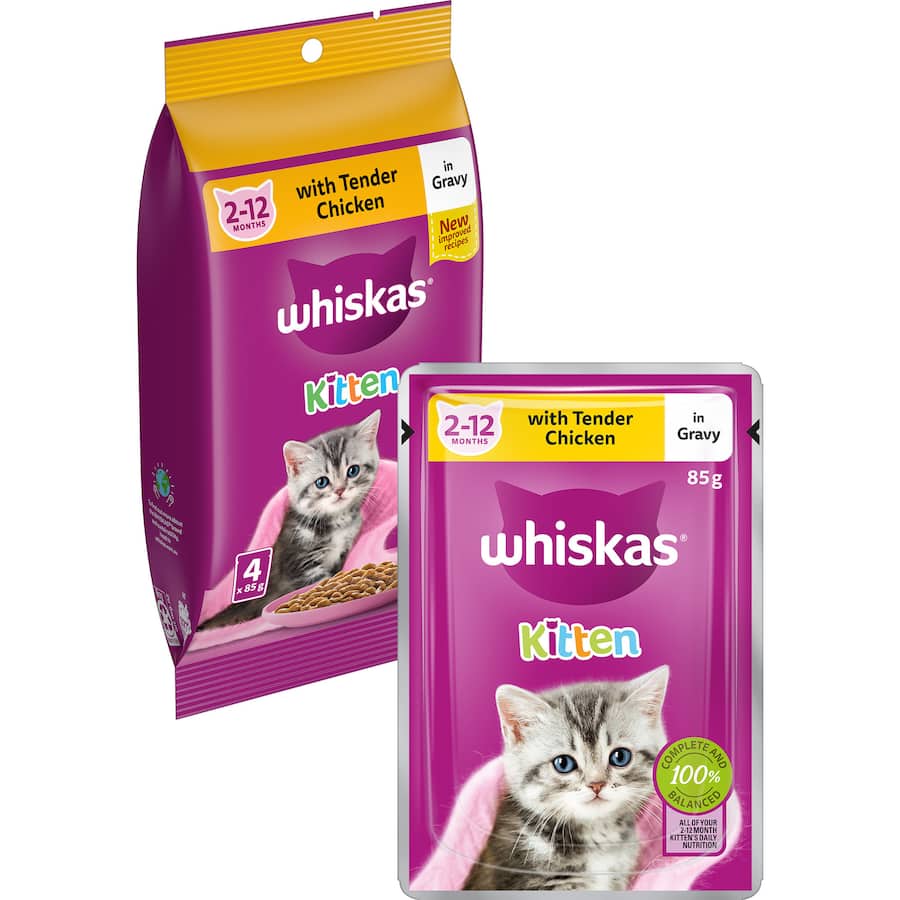 Whiskas Kitten Wet Cat Food features tender chicken in gravy, providing balanced nutrition for growing kittens.