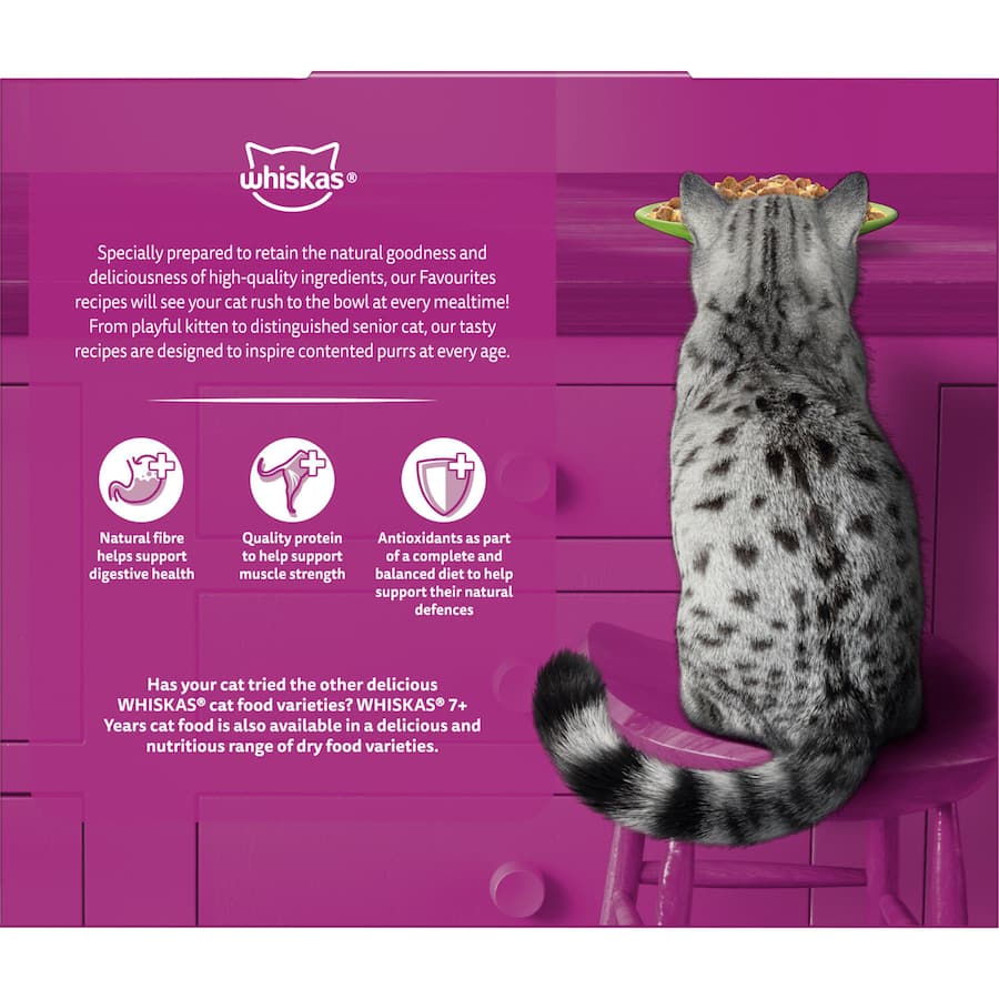 Whiskas Senior Wet Cat Food in jelly, 12 pouches of nutritious meals for cats 7+, promoting heart and urinary health.