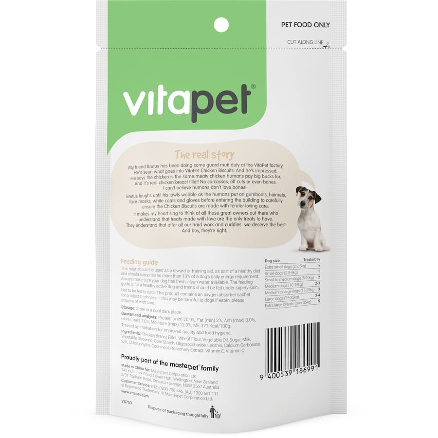 Vitapet Morsomes Chicken Biscuits: nutritious dog treats made with real chicken, perfect for all sizes and ages.