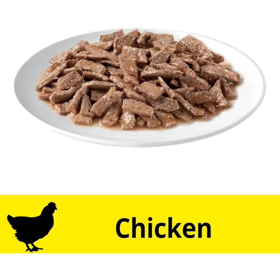Wet cat food featuring tender chicken slices in rich gravy, designed to satisfy a cat's discerning taste and support health.