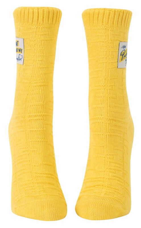 Blue Q Tag Socks in Large/Extra-Large, featuring witty designs, made of organic cotton for ultimate comfort and fit.