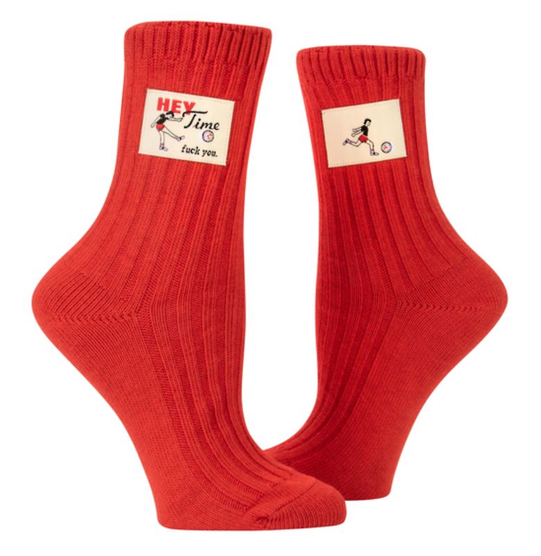 Blue Q Tag Socks in Small/Medium featuring witty tags, made from organic cotton with spandex for comfort and stretch.