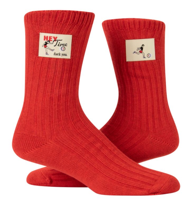Blue Q Tag Socks in Small/Medium, featuring witty tags, comfy organically grown cotton, and playful style for both men and women.