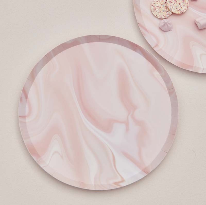 Elegant pink marble print paper plates, 25cm, eco-friendly, perfect for stylish parties and celebrations. Set of 8.