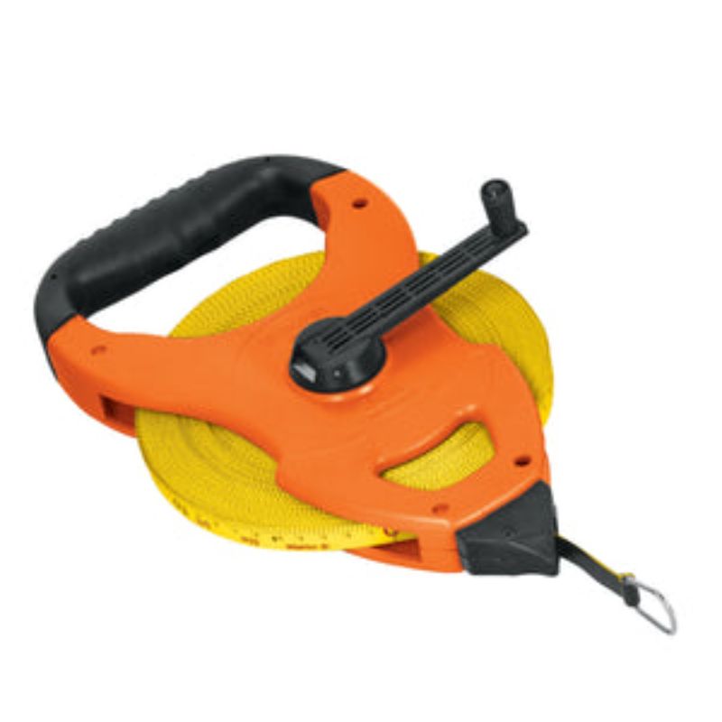 Fibreglass tape measure 50m with 12.5mm blade, PVC coated for water resistance, ergonomic rubber grip, durable ABS body.