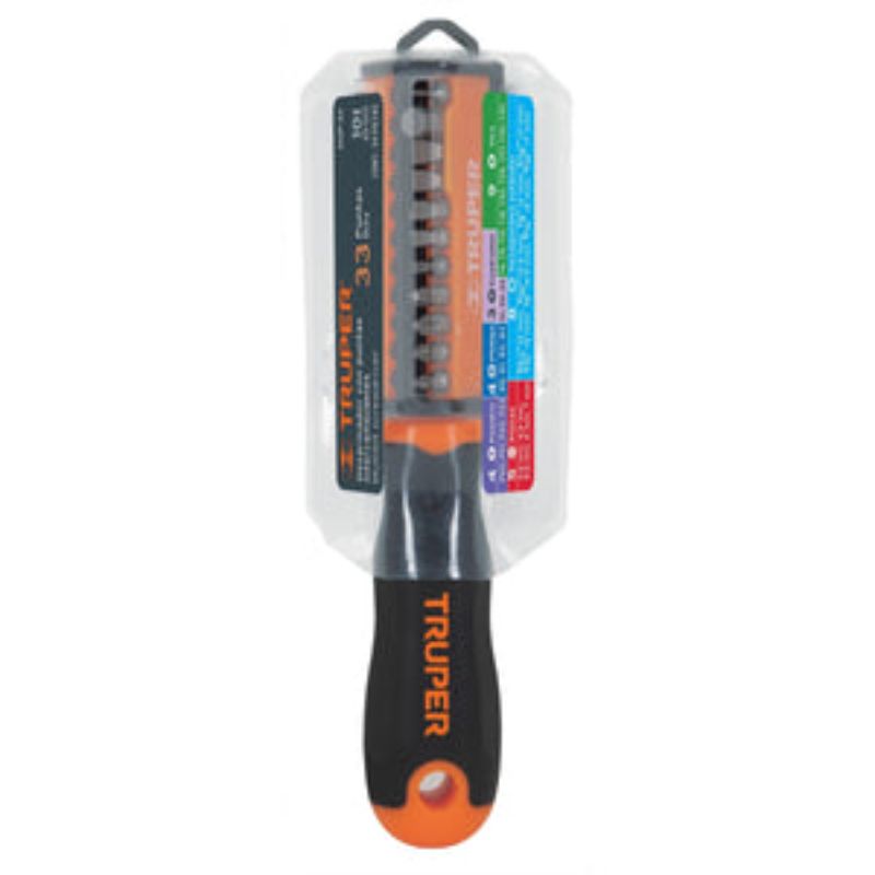 Versatile 33-bit screwdriver set by Truper, includes multiple tips for various fastening tasks, compact and portable design.
