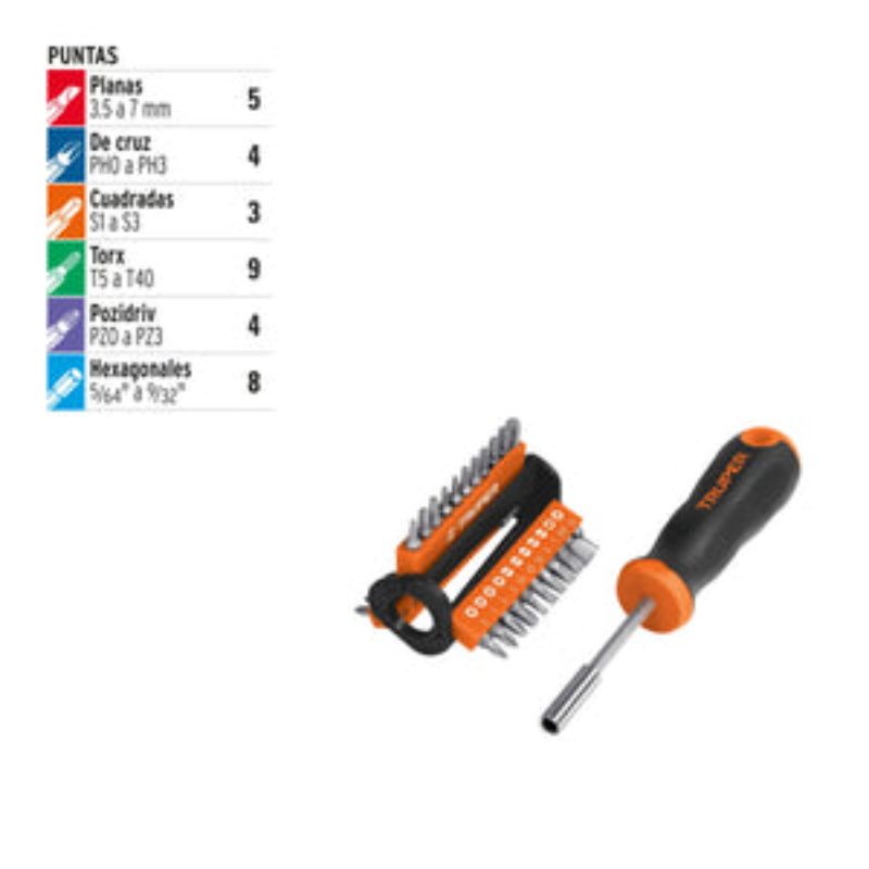 Versatile 33-bit screwdriver set by Truper, featuring multiple tips for various fastening needs, ideal for DIY and professionals.