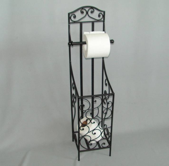 Antique silver wrought iron toilet roll holder with a basket for extra rolls, combining elegance and functionality for your bathroom.
