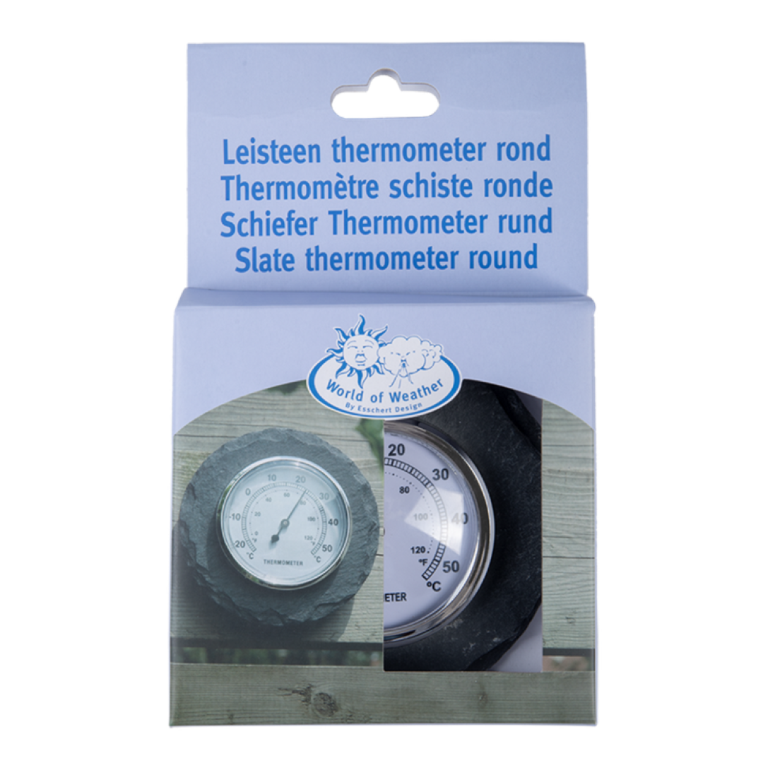 Slate Round Thermometer (12cm) with large dial, Celsius & Fahrenheit scales, elegant slate edge, and gift box packaging.