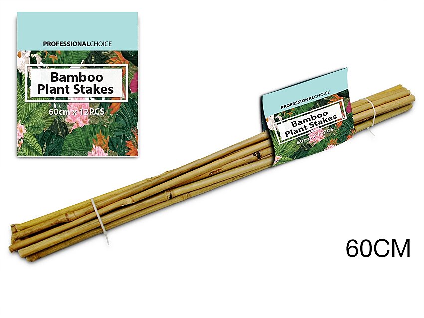 Bamboo plant stakes, 60cm long, eco-friendly support for flowers and vegetables, 12 stakes per pack, available in 36 packs.