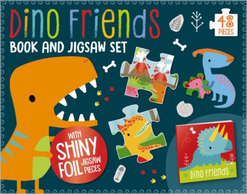 Dino Friends Book and Jigsaw Set includes a rhyming book and a 48-piece touch-and-feel dinosaur puzzle for kids.