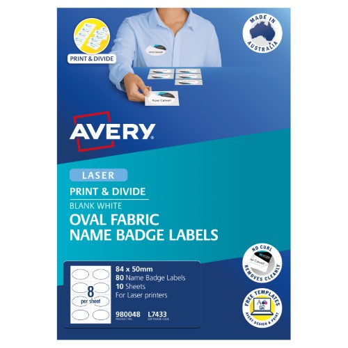 Avery Oval Fabric Name Badge Labels 84x50 mm 10 Sheets