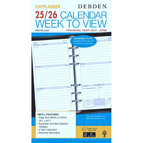 Debden Dayplanner Mid Year Personal Week to View Refill 2025/2026
