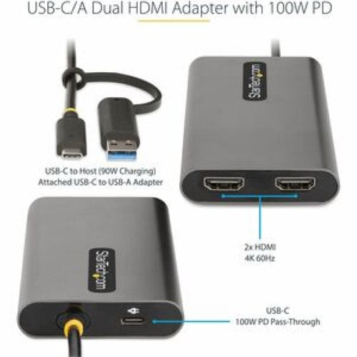 USB-C to Dual-HDMI Adapter 4K 60Hz PD