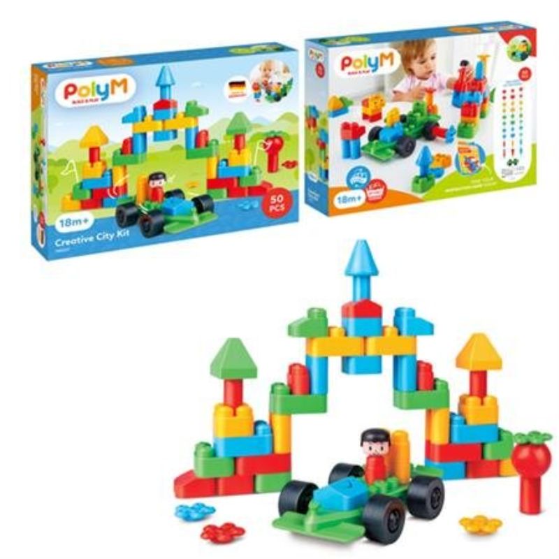 Colorful PolyM Creative City Kit with 50 easy-build bricks, a vehicle, and stickers for imaginative city construction.