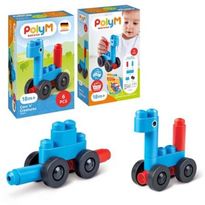 Colorful PolyM Cars n Creatures building set for ages 18+ months, promoting creativity and construction skills.