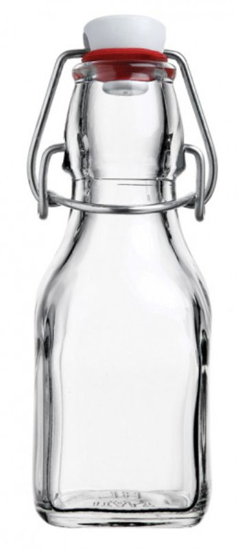 Set of 20 elegant 125ml Bormioli Rocco glass swing bottles, leak-proof and eco-friendly for fresh beverages on-the-go.