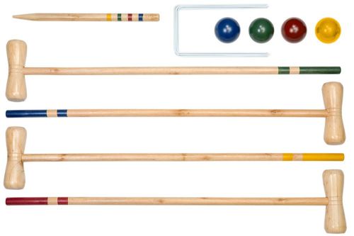 Outdoor croquet set featuring 4 wooden mallets and balls, 6 hoops, perfect for family fun and gatherings.