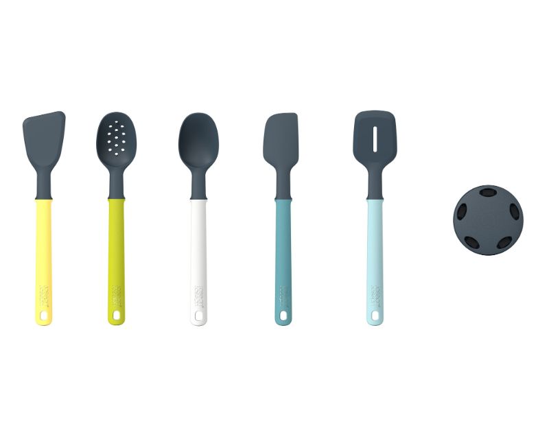 Elevate™ 5-piece silicone utensil set with compact storage stand for improved hygiene and mess reduction in the kitchen.