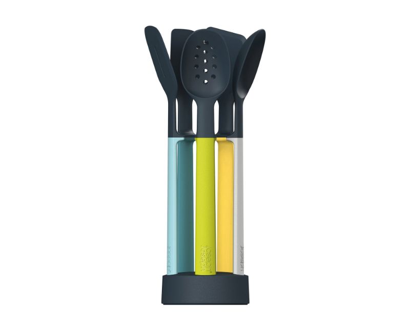 5-piece silicone utensil set with space-saving stand, heat-resistant tools, and integrated rests for improved hygiene.