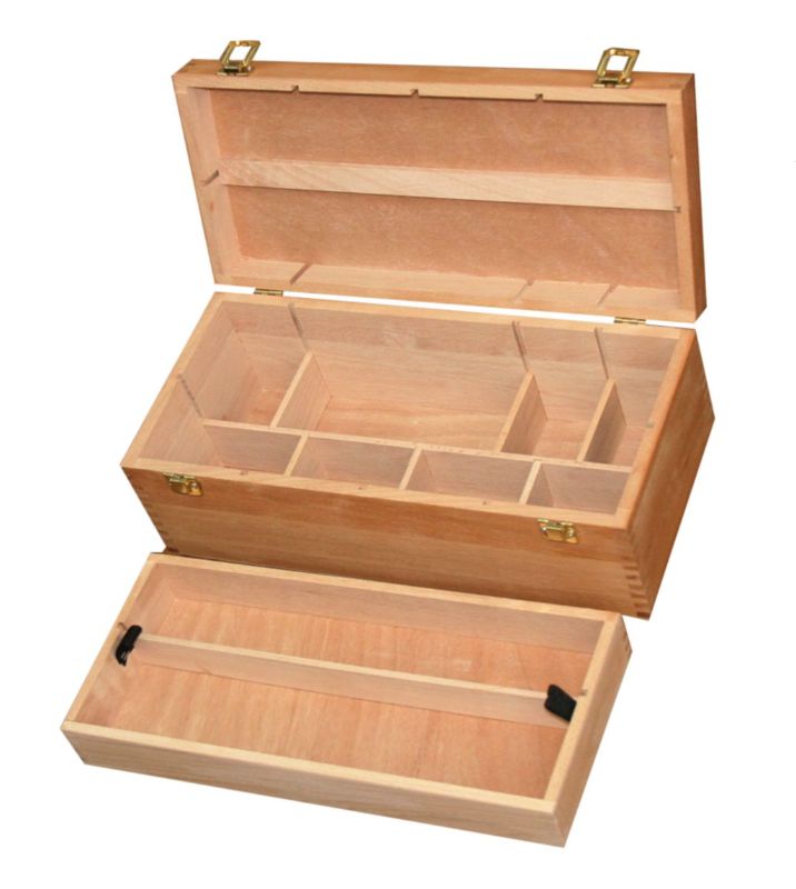 Jasart Artist Paint Box Small in beechwood, eco-friendly, with adjustable dividers and a wooden palette for artists on the go.