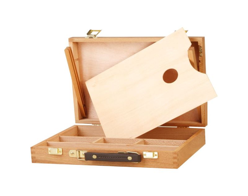 Jasart Artist Paint Box Large in beechwood with adjustable dividers, wooden palette, and carry handle for art supplies.