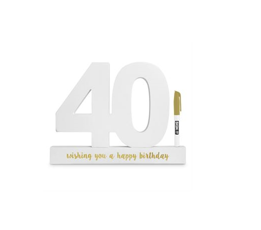 Elegant 40th birthday sign in white with a gold pen for guests to leave heartfelt messages and create lasting memories.