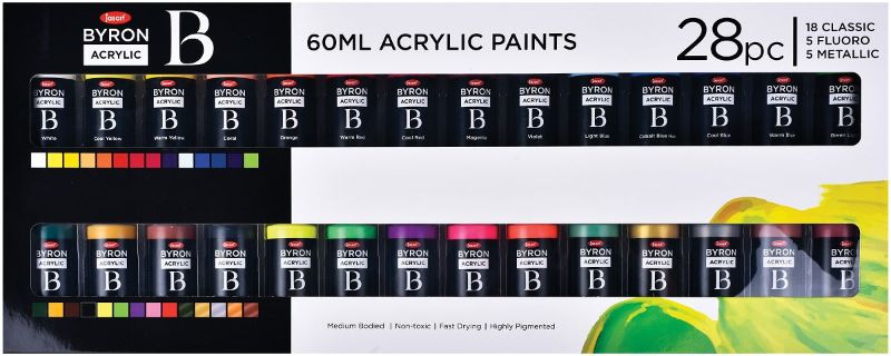 Vibrant 28-piece Jasart Byron Acrylic Paint set, featuring classic, fluorescent, and metallic colors for various surfaces.