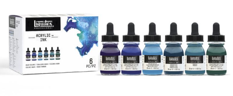 Set of six 30ml Liquitex Acrylic Inks in vibrant blue shades, ideal for artists seeking high-quality, fade-resistant color.