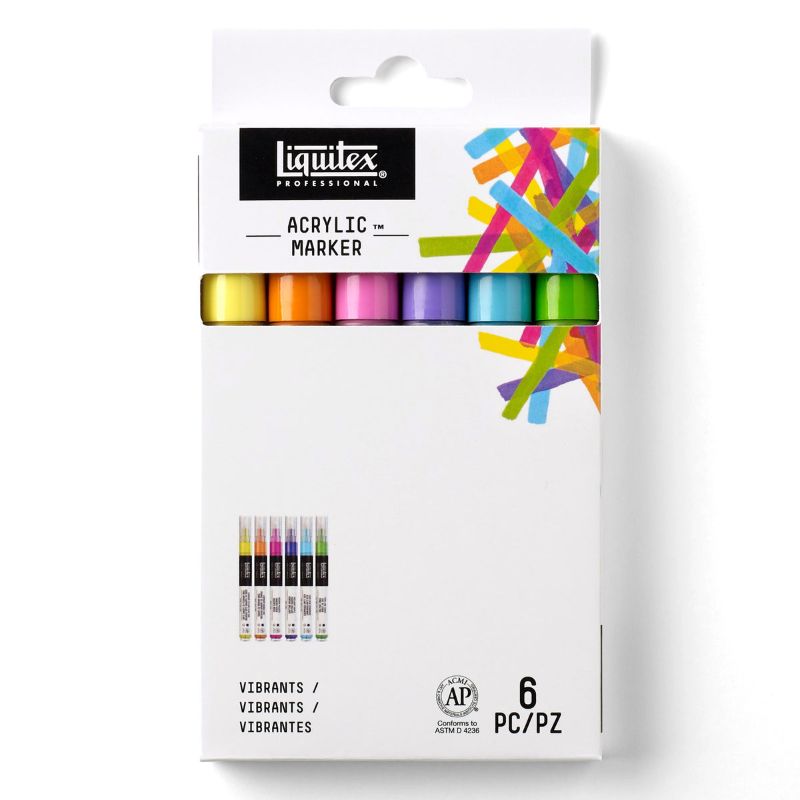 Set of 6 Liquitex Acrylic Markers with chisel tips, offering vibrant colors for precise art on various surfaces.