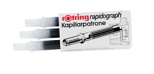 Rotring Rapidograph Cartridge Ink in Black, featuring precision pigment ink for artists on various drawing surfaces.