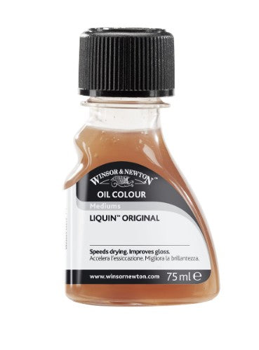 Bottle of Winsor & Newton Liquin Original 75ml, a semi-gloss oil medium that speeds drying and enhances paint flow.