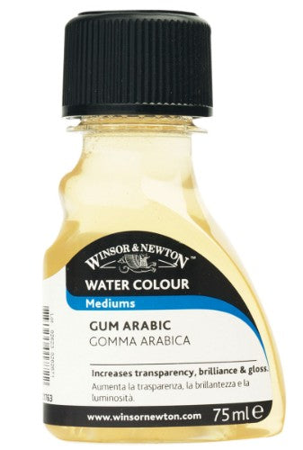 75ml bottle of Winsor & Newton Gum Arabic, enhancing watercolor control, gloss, and drying time for precision painting.