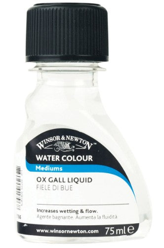 75ml bottle of Winsor & Newton Ox Gall Liquid, enhancing watercolor flow and pigment dispersion for smoother painting.