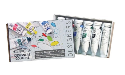 Winsor & Newton Designers' Gouache Primary Colour Set features 6 vibrant 14ml tubes for artists to create stunning illustrations.
