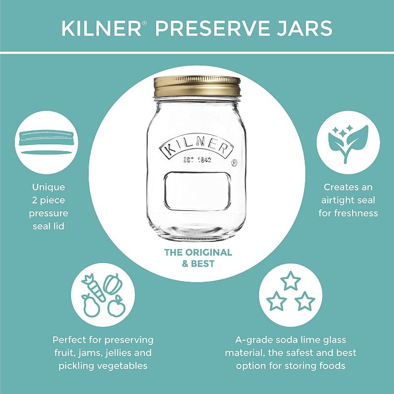 Kilner Wide Mouth Preserve Jar in clear glass, perfect for jams and pickles with a vacuum seal lid for freshness.