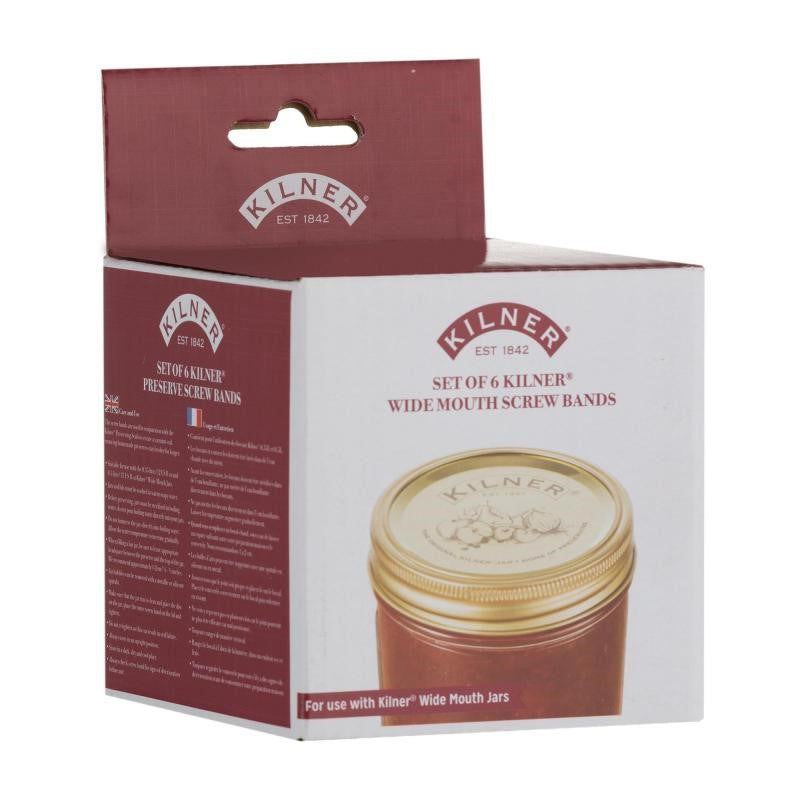 Six durable Kilner wide mouth jar screw bands, 9.5cm diameter, ensuring airtight seals for preserving food freshness.